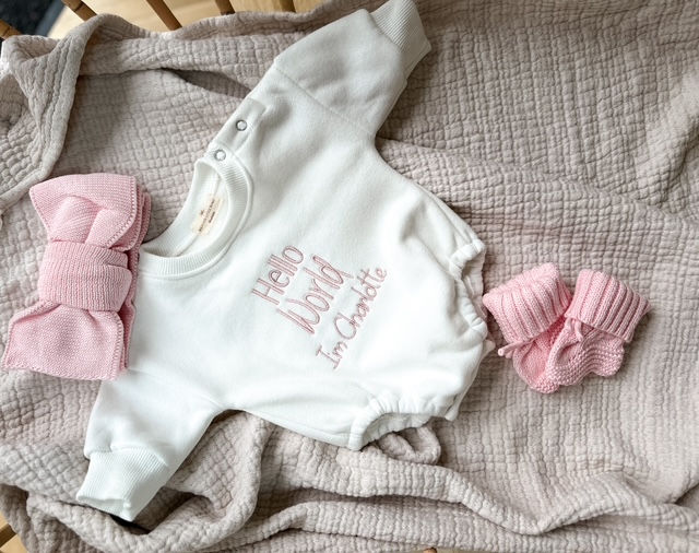 Thumbnail: Personalised ‘Hello World' Embroidered Bubble Romper/sweatshirt