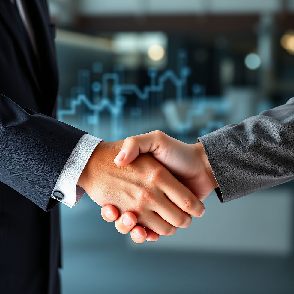 Close-up of a handshake between two business professionals with a subtle digital circuit overlay, representing trust and governance in AI amid geopolitical risk.