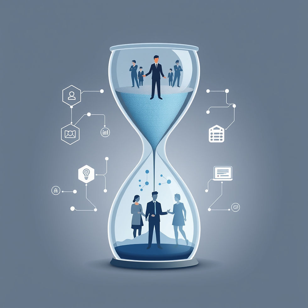 People in suits inside an hourglass, surrounded by digital icons on a blue-gray background, symbolizing time management and business.