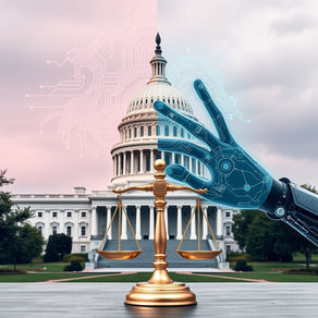Split-screen image of the U.S. Capitol and AI brain, representing the tension between government regulation and emerging technology.