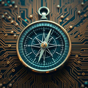 A stylized compass overlaid on an abstract digital circuitry background, symbolizing direction and guidance in AI governance and responsible innovation.
