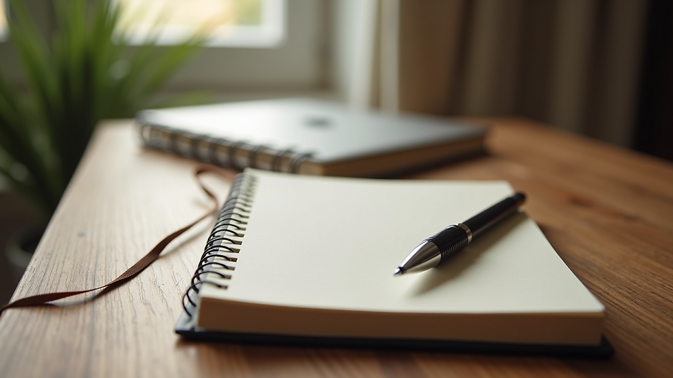 High angle view of a journal and pen on a wooden desk with soft natural light