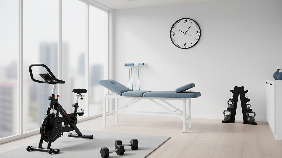 Eye-level view of a physiotherapy clinic with exercise equipment