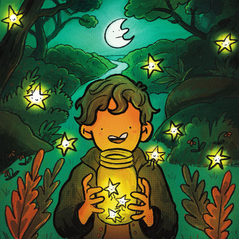Colourful children book illustration of a forest and stars 