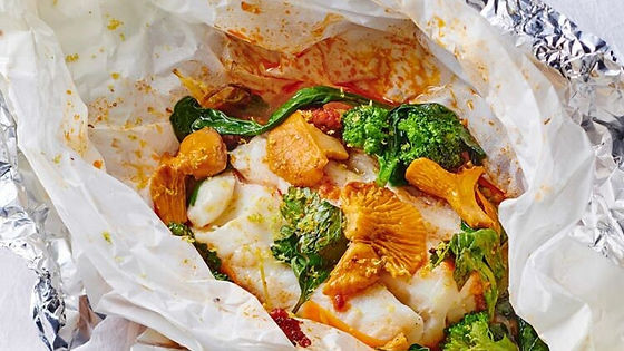 Papillote de cabillaud aux petits légumes + purée