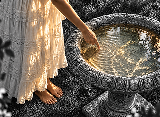 A moment of quiet reflection, gently touching the water of a stone fountain — Meet You at Herself.