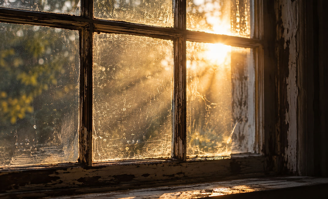 Sunlight streaming through a rustic window, creating a quiet, reflective atmosphere.