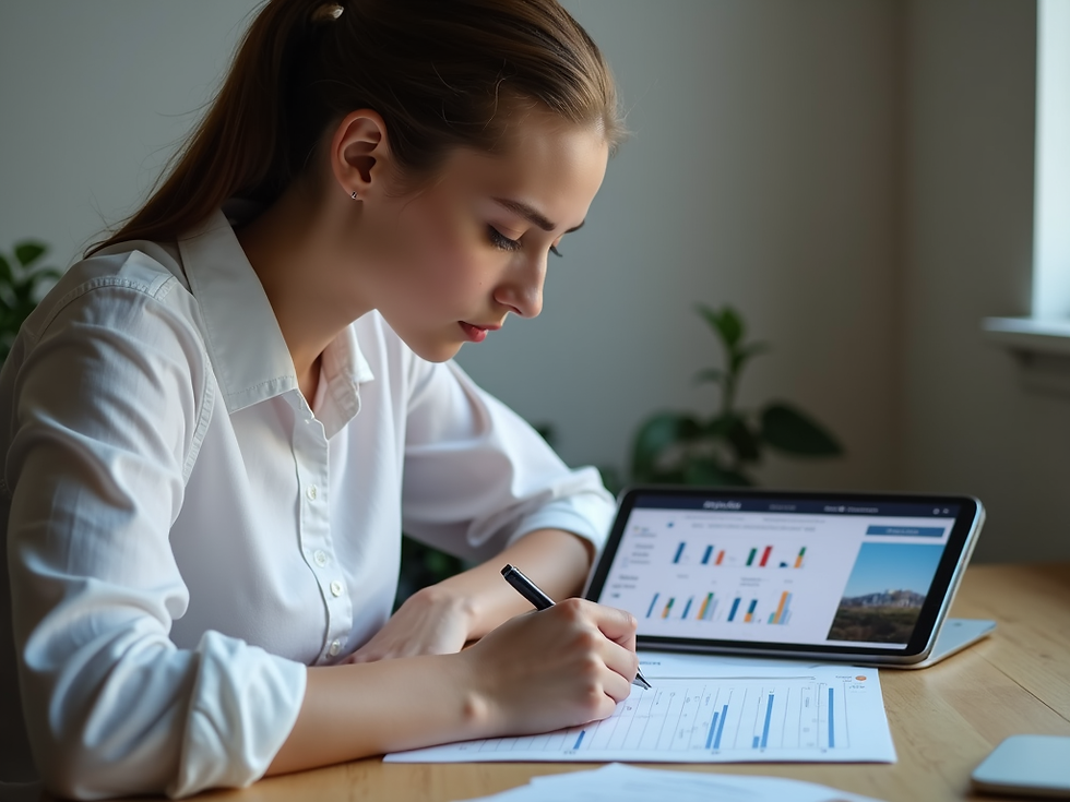 Woman in white shirt writing on paper with charts. Tablet displaying colorful graphs is in the background. She is focused.