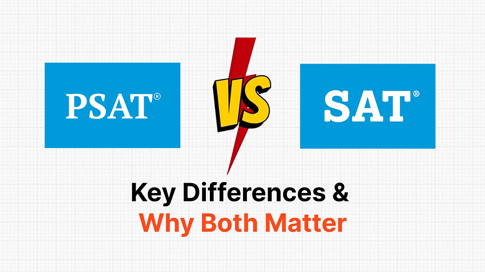Graphic comparing PSAT and SAT logos separated by a red lightning bolt with 'VS' in the center, with the heading 'Key Differences & Why Both Matter' below