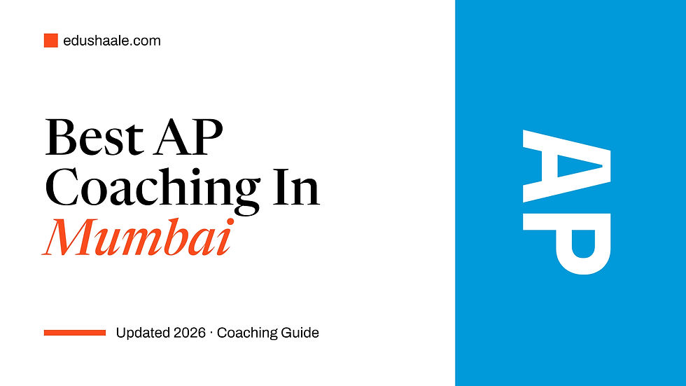 Cover image for EduShaale's "Best AP Coaching in Mumbai" guide. The design features a white background with the headline "Best AP Coaching in Mumbai," where "Mumbai" is highlighted in orange italics. The EduShaale logo and website appear in the top-left corner, "Updated 2026 · Coaching Guide" is shown at the bottom-left, and a large vertical "AP" graphic appears on a blue panel along the right side.