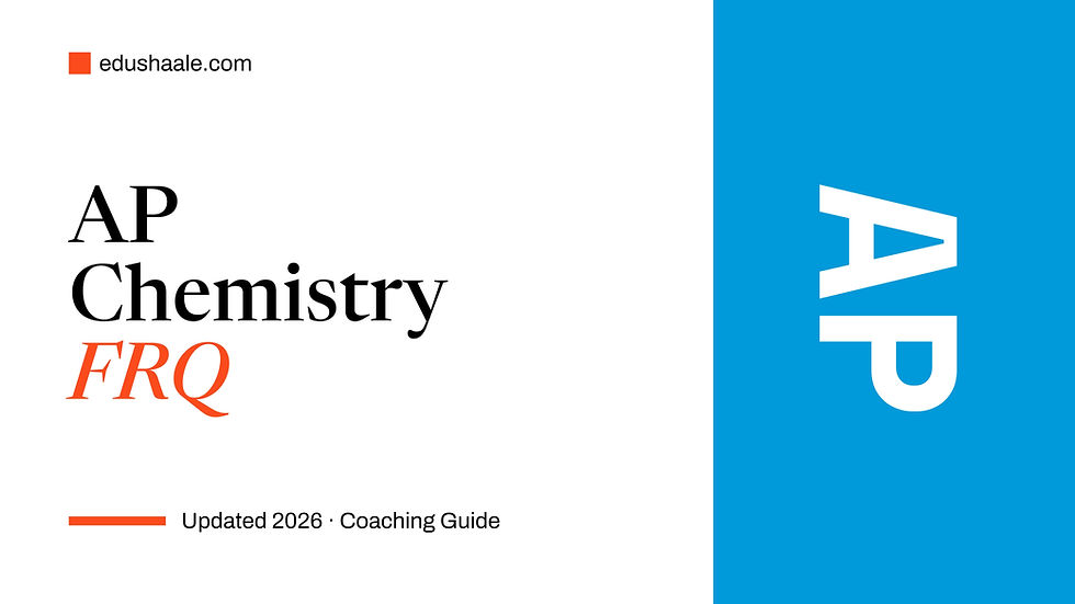 Cover image for an AP Chemistry FRQ coaching guide by EduShaale, featuring the title "AP Chemistry FRQ", an "Updated 2026 · Coaching Guide" label, and a blue sidebar with large white "AP" lettering.