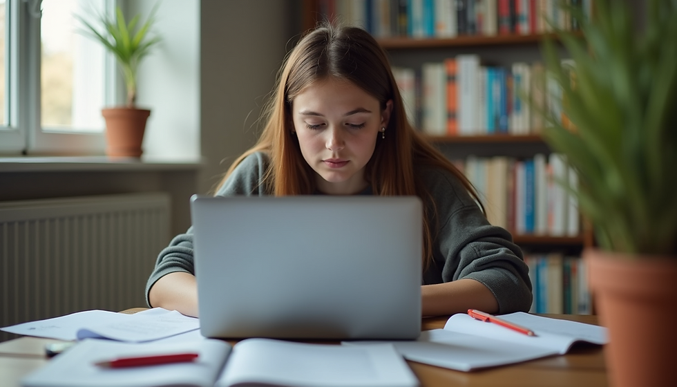 Girl focused on laptop at a wooden table, surrounded by open books and papers. Bookshelf and potted plant in the background, daylight visible.