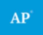 White AP logo with registered trademark symbol on a bright blue background