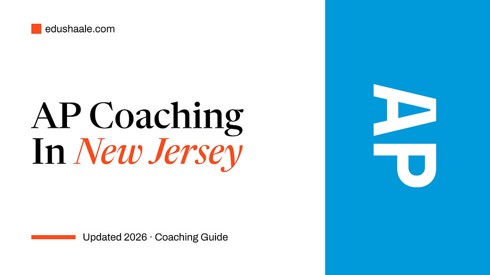 Cover page titled “AP Coaching In New Jersey,” with “edushaale.com” at the top left, “Updated 2026 · Coaching Guide” at the bottom, and a large blue panel on the right featuring a white AP logo.S