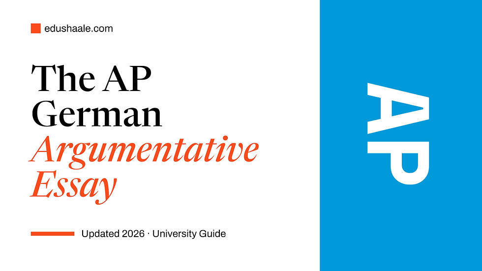 Minimalist cover graphic for an AP German article titled "The AP German Argumentative Essay." The design features the EduShaale logo in the top-left corner, a white background, and the title in large black serif text with "Argumentative Essay" highlighted in orange italic serif font. A blue vertical panel on the right displays a large white "AP" rotated 90 degrees. At the bottom, an orange underline precedes the text "Updated 2026 · University Guide."