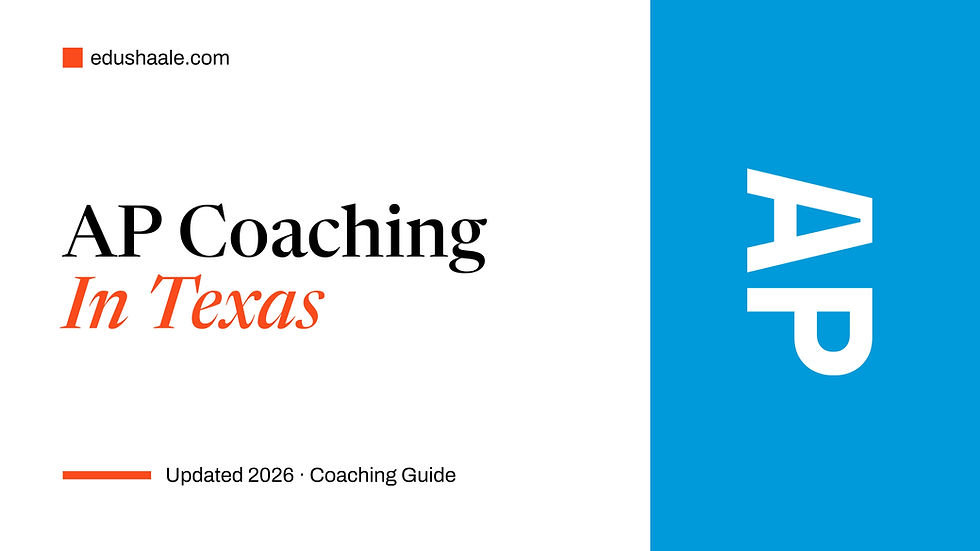 Cover page titled “AP Coaching In Texas,” with “edushaale.com” at the top left, “Updated 2026 · Coaching Guide” at the bottom, and a large blue panel on the right featuring a white “AP” logo.
