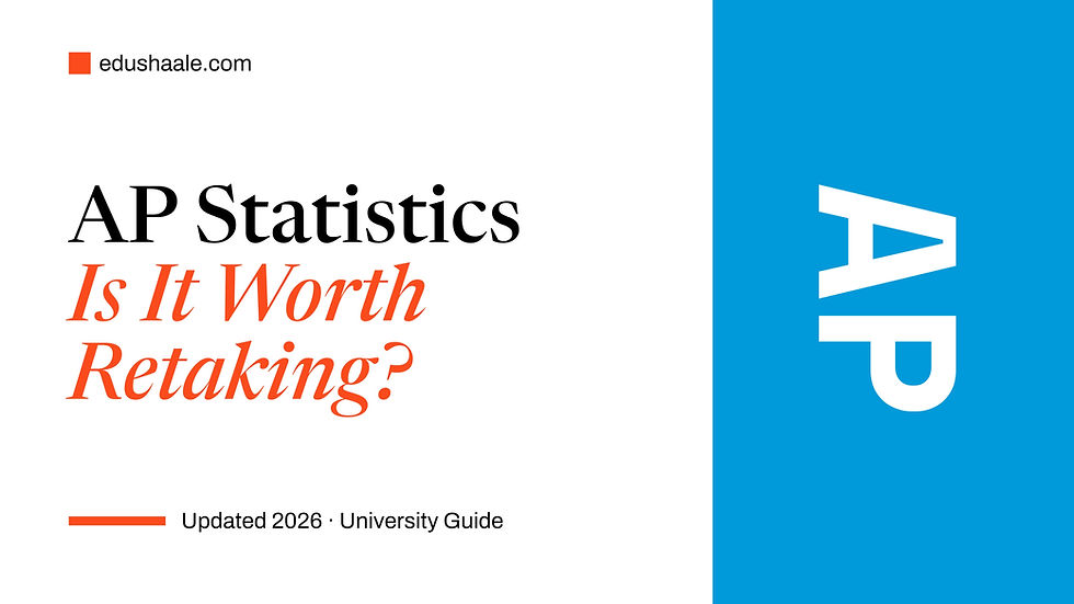 Featured image for an EduShaale university guide titled "AP Statistics: Is It Worth Retaking?" The design has a white background with the EduShaale logo in the top-left corner. The title displays "AP Statistics" in large black serif font, with "Is It Worth Retaking?" in large italic orange text below it. A vertical blue panel on the right features the letters "AP" in bold white text. At the bottom, the subtitle reads "Updated 2026 · University Guide" with an orange accent line.