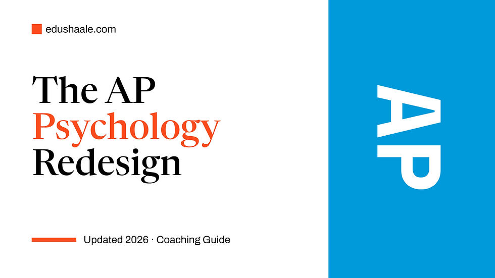 The AP Psychology Redesign — updated 2026 coaching guide by EduShaale, featuring a large “AP” graphic on a blue panel.