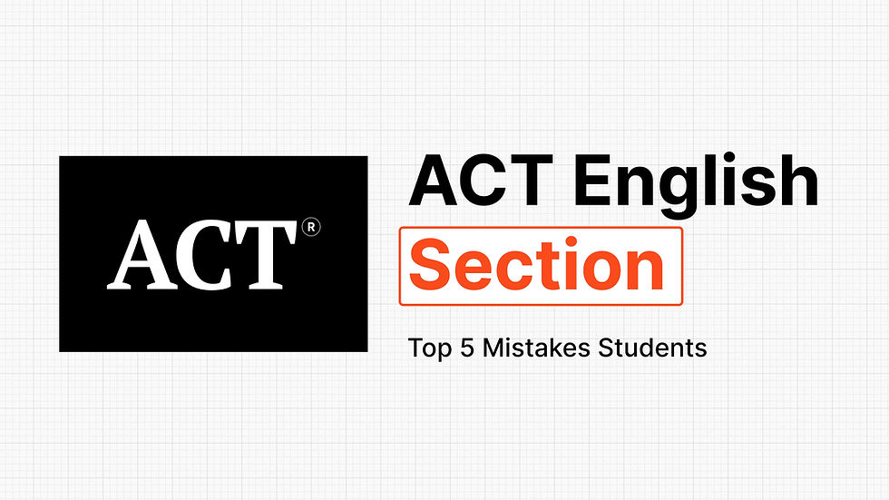 ACT English Section banner featuring the ACT logo on a black background beside bold black and orange text reading “ACT English Section” with the subtitle “Top 5 Mistakes Students” on a light grid-pattern background.