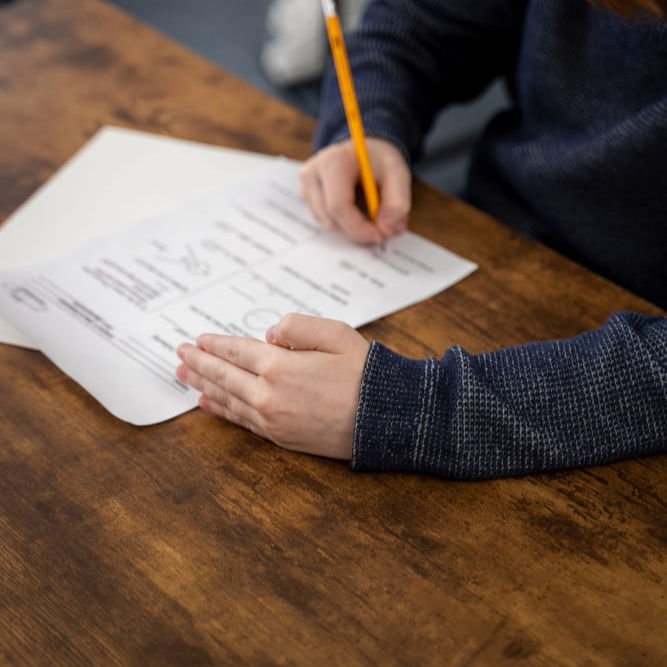 Person in a blue sweater writes on a form with a pencil. Wooden table and papers in the background. Focused mood.