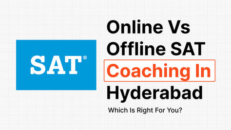 SAT logo alongside the title "Online vs Offline SAT Coaching in Hyderabad – Which Is Right for You?" highlighting a comparison between online and classroom SAT preparation options for Hyderabad students.