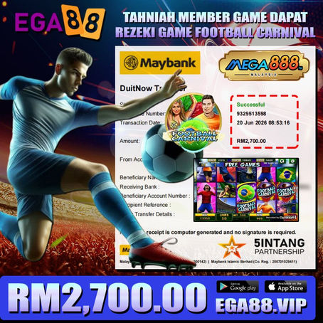 Player celebrates RM2700 reward on Football Carnival game with football-themed gameplay and winning result
