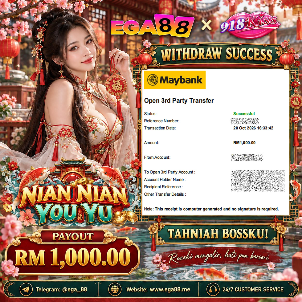 EGA88 x 918Kiss Nian Nian You Yu slot game featuring RM1,000 payout highlight, colourful koi fish, cherry blossoms, red lanterns and traditional Chinese decorations.