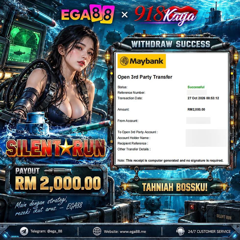 EGA88 x 918Kaya Silent Run promotional artwork featuring RM2,000.00 payout highlight, female underwater explorer, military submarines, torpedoes, naval radar and deep-blue ocean scenery.