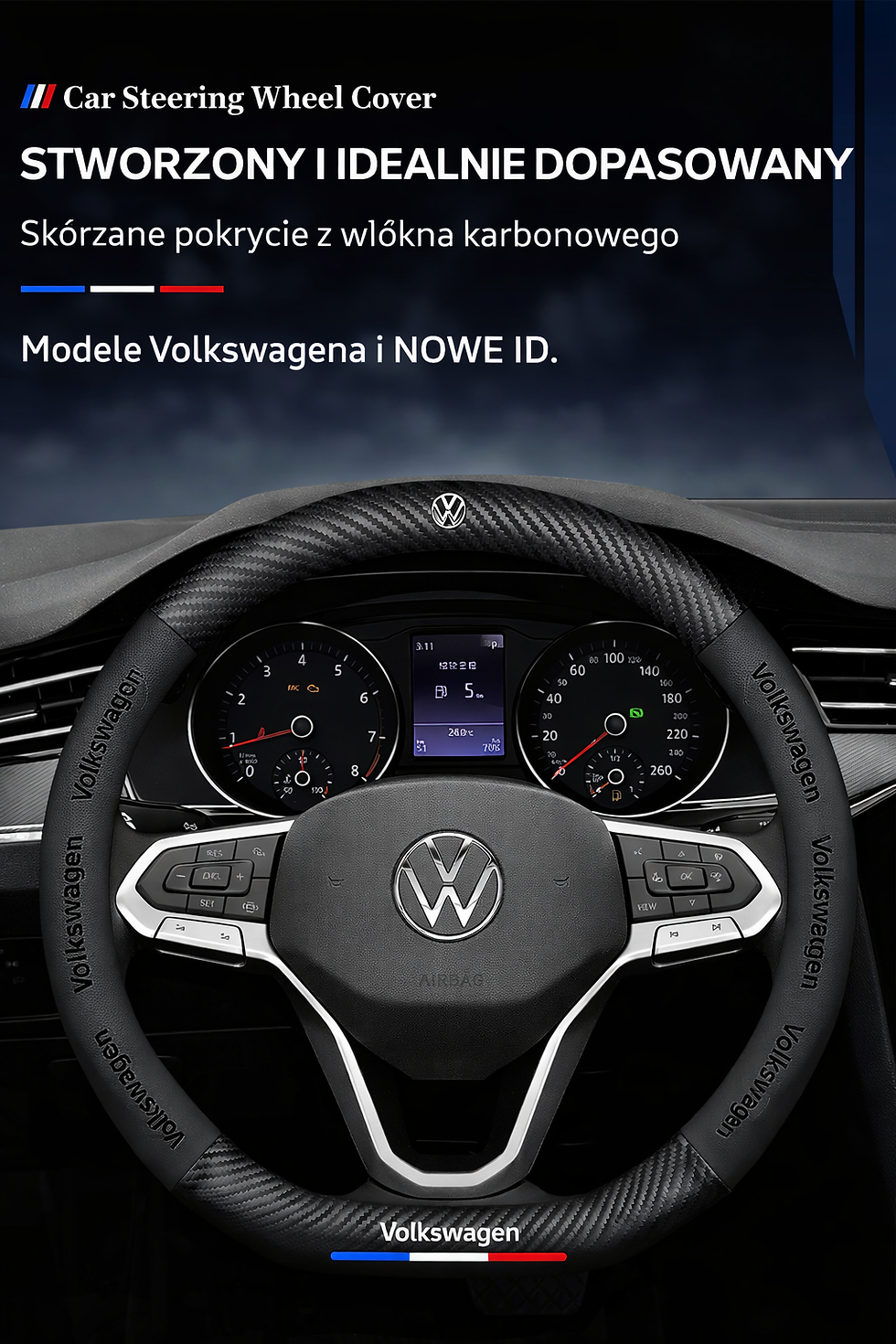 Miniatura: Pokrowiec na kierownice Premium LUX logowany Volkswagen, kształt O,38cm stan