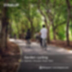 People cycling in a lush park under a canopy of trees at Sri Nakhon Khuean Khan Park. Text: "Garden cycling" and "@haupcar".