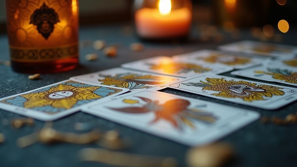Close-up view of a tarot card deck laid out on a table