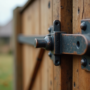 Close-up of timber gate latch and hardware on a custom wooden gate