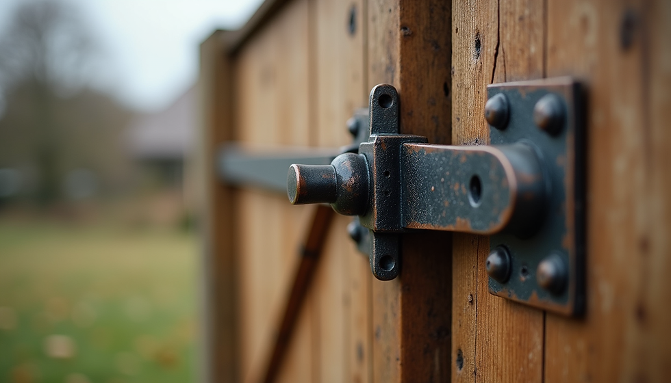 Close-up of timber gate latch and hardware on a custom wooden gate