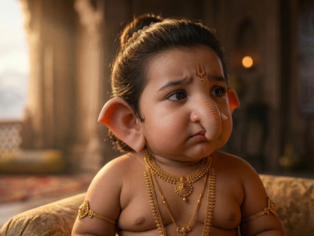 alt="Goddess Parvati and Little Ganesha looking at earth"