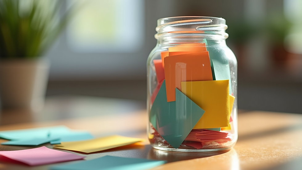 Close-up view of a kindness jar filled with colorful notes