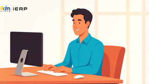 Colaborador usando el portal de Adm Cloud iERP en su computadora para consultar nómina, permisos y documentos laborales