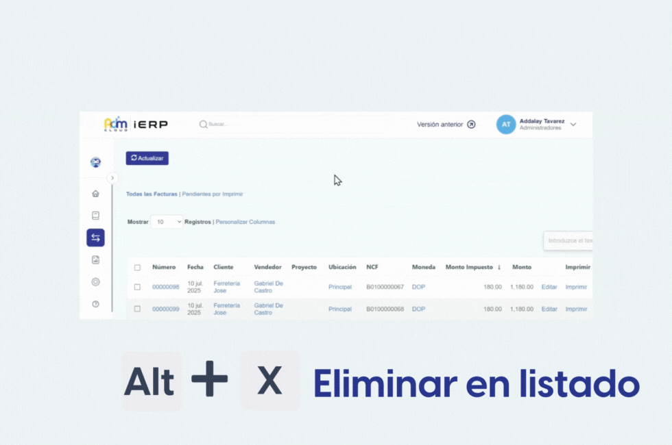 Uso del comando Alt + X en Adm Cloud para eliminar múltiples registros desde el listado general.