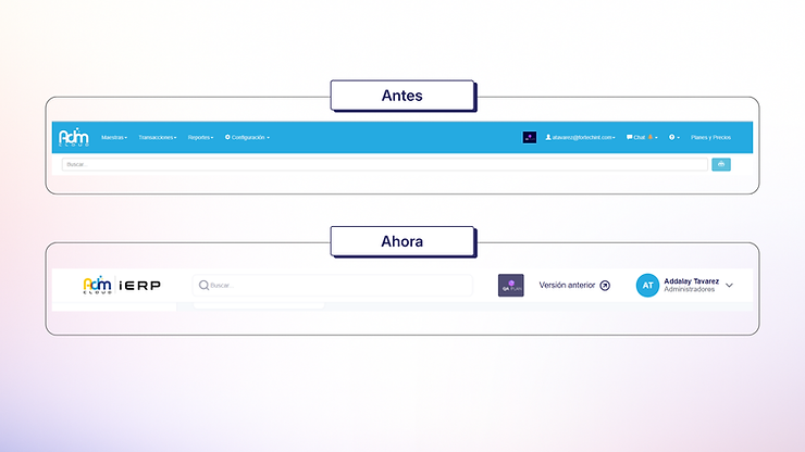 Comparativa de interfaz de usuario en Adm antes y después del rediseño de la barra de navegación, mostrando un diseño más limpio, minimalista.
