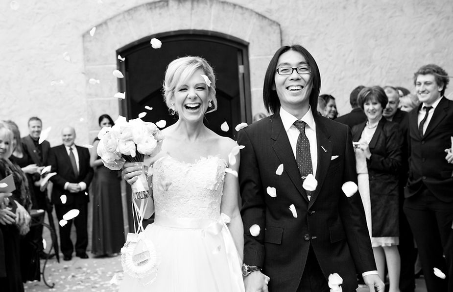 Melbourne Wedding photography, Bride and groom leaving chapel at Stones of Yarra Valley