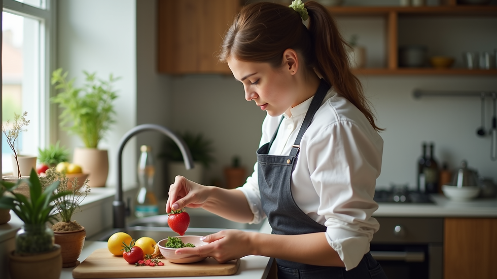 Vue en plongée d'une assistante à domicile préparant un repas dans une cuisine