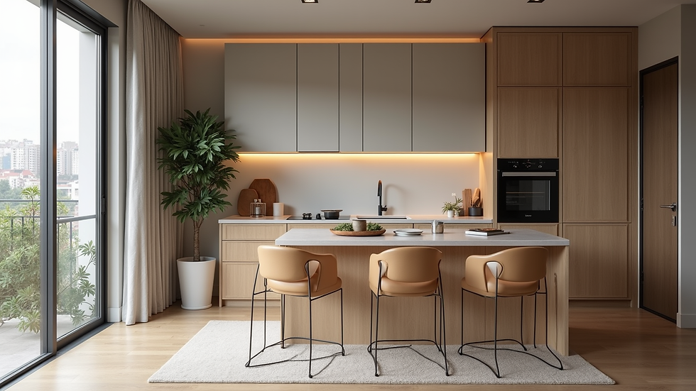 High angle view of a furnished kitchen in a serviced apartment