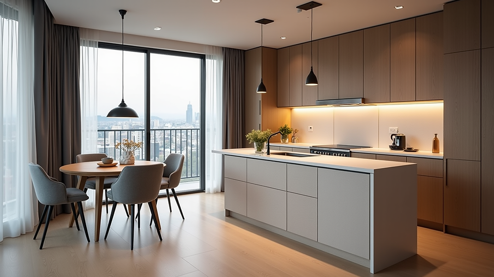 High angle view of a kitchen area in a serviced apartment