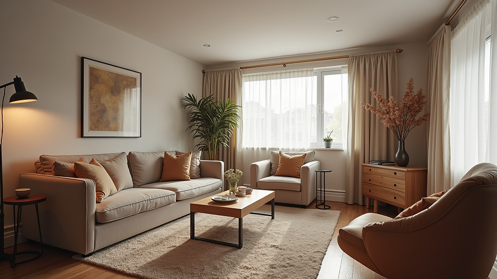 Wide angle view of a cosy living room in a self-catering flat