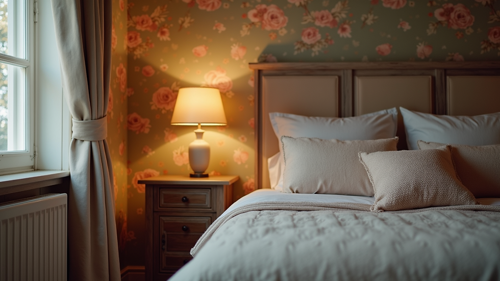 Close-up view of a cosy bed and breakfast room with rustic decor