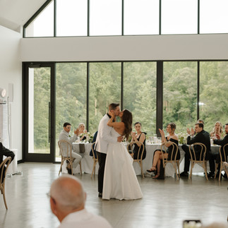 Bride and groom first dance at Lumen House modern wedding venue in Charlotte