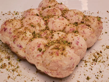 Raspberry Meyer lemon semifreddo with pistachio