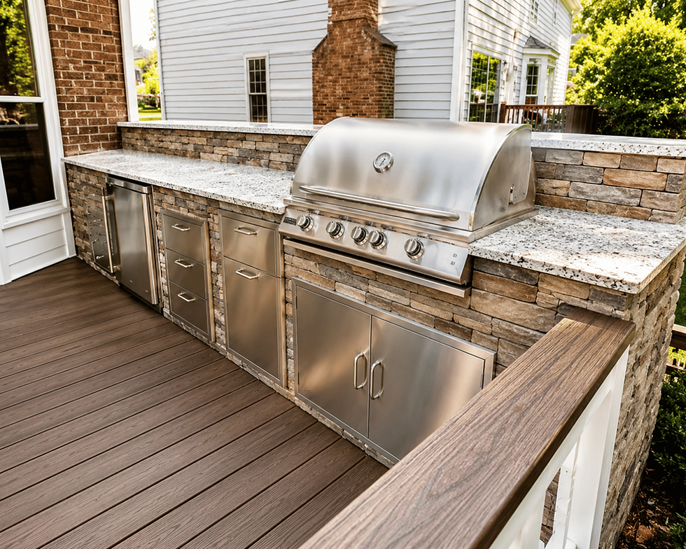 Outdoor kitchen with stone veneer and granite countertop mounted on deck in Charlotte NC