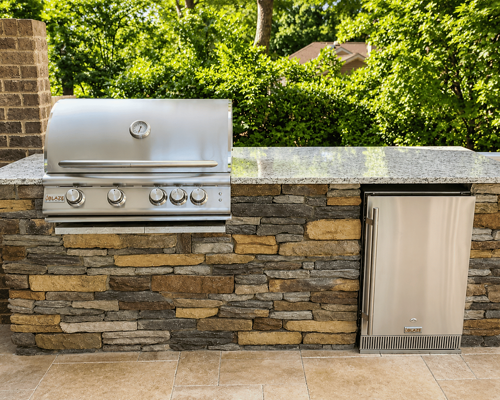 Blaze built-in stainless grill outdoor kitchen with stacked stone and granite countertop in Charlotte NC