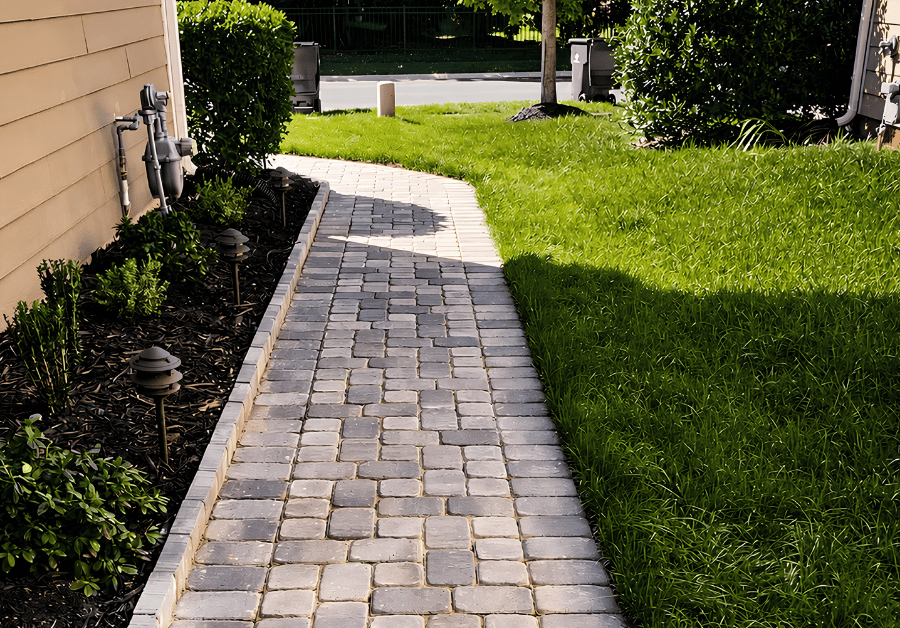 Curved paver walkway bordered by planting beds and landscape lighting.