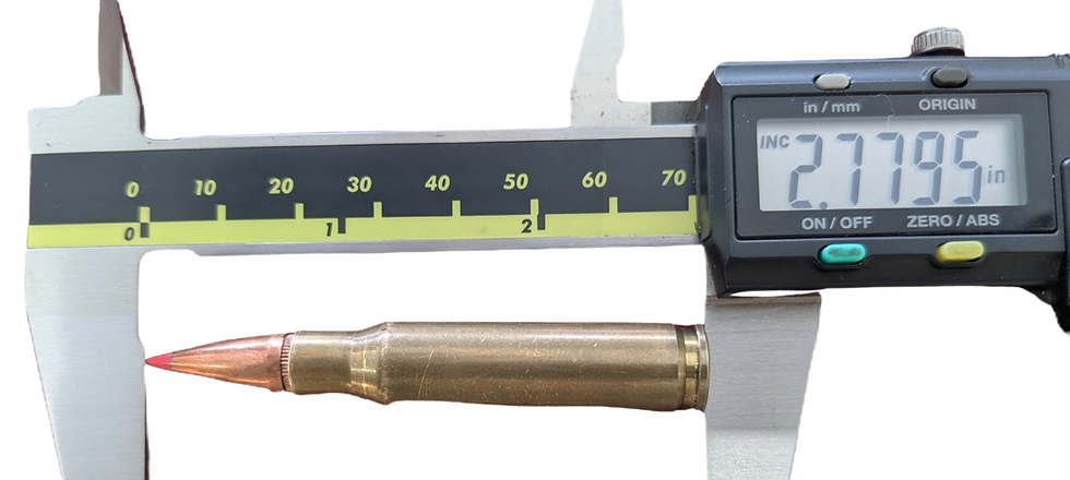 A digital caliper measures a bullet's length at 2.7795 inches. The caliper scale is black with yellow markings.